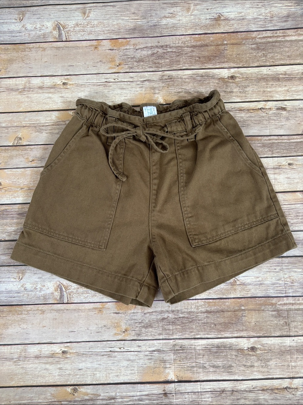 Time and Tru Brown Olive Drawstring Paperbag High Waist Shorts, X-Small